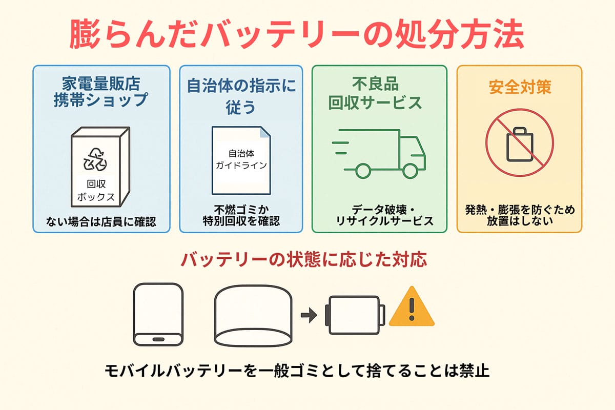 膨らんだバッテリーの安全な捨て方｜発火を防ぐ回収窓口と注意点