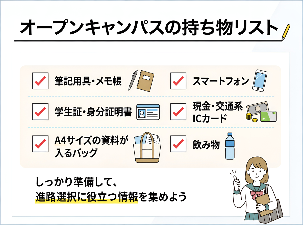 オープンキャンパス持ち物完全版！必需品リストと服装マナー2026