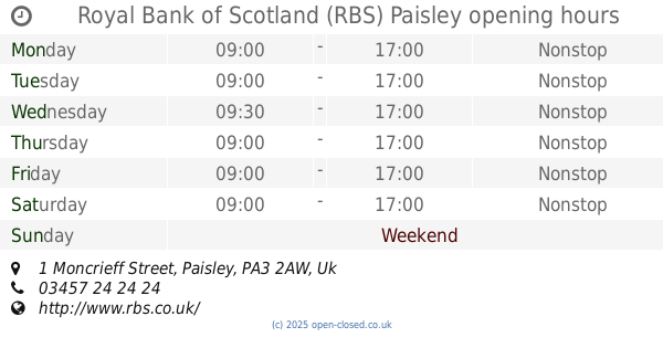 Royal Bank of Scotland Paisley Opening Times