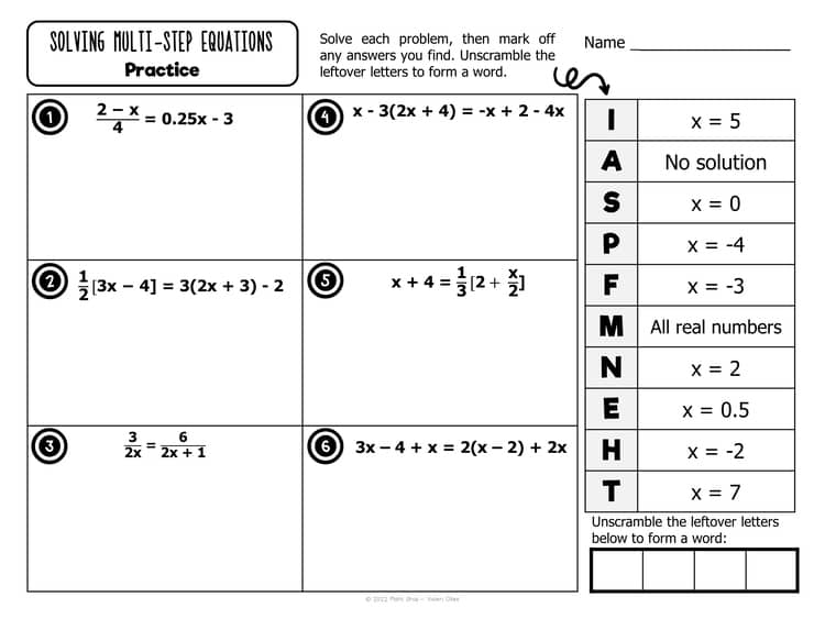 2 3 Skills Practice Solving Multi Step Equations Answers
