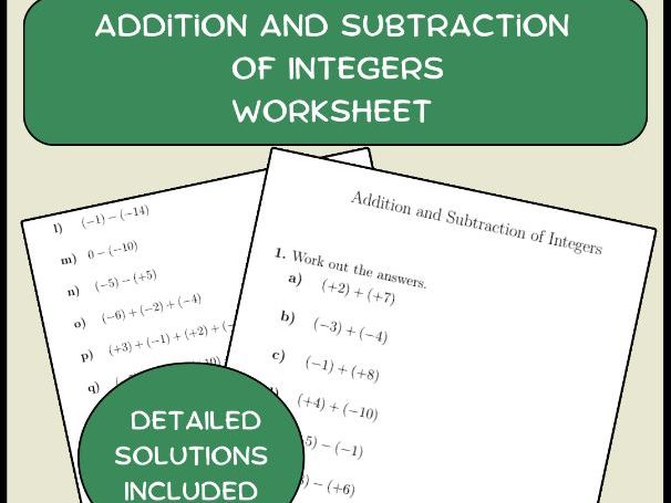 Addition and Subtraction of Integers Worksheet Pdf