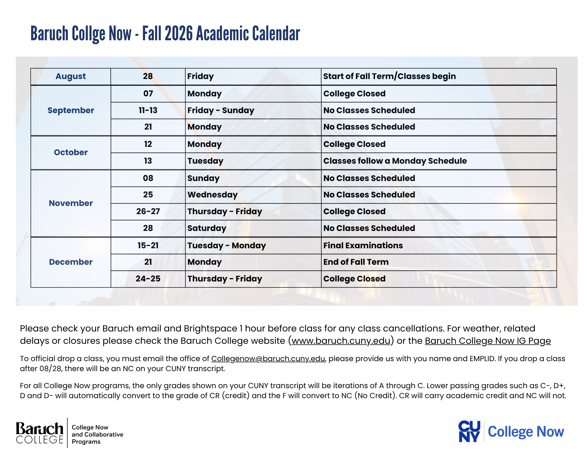 Baruch Academic Calendar