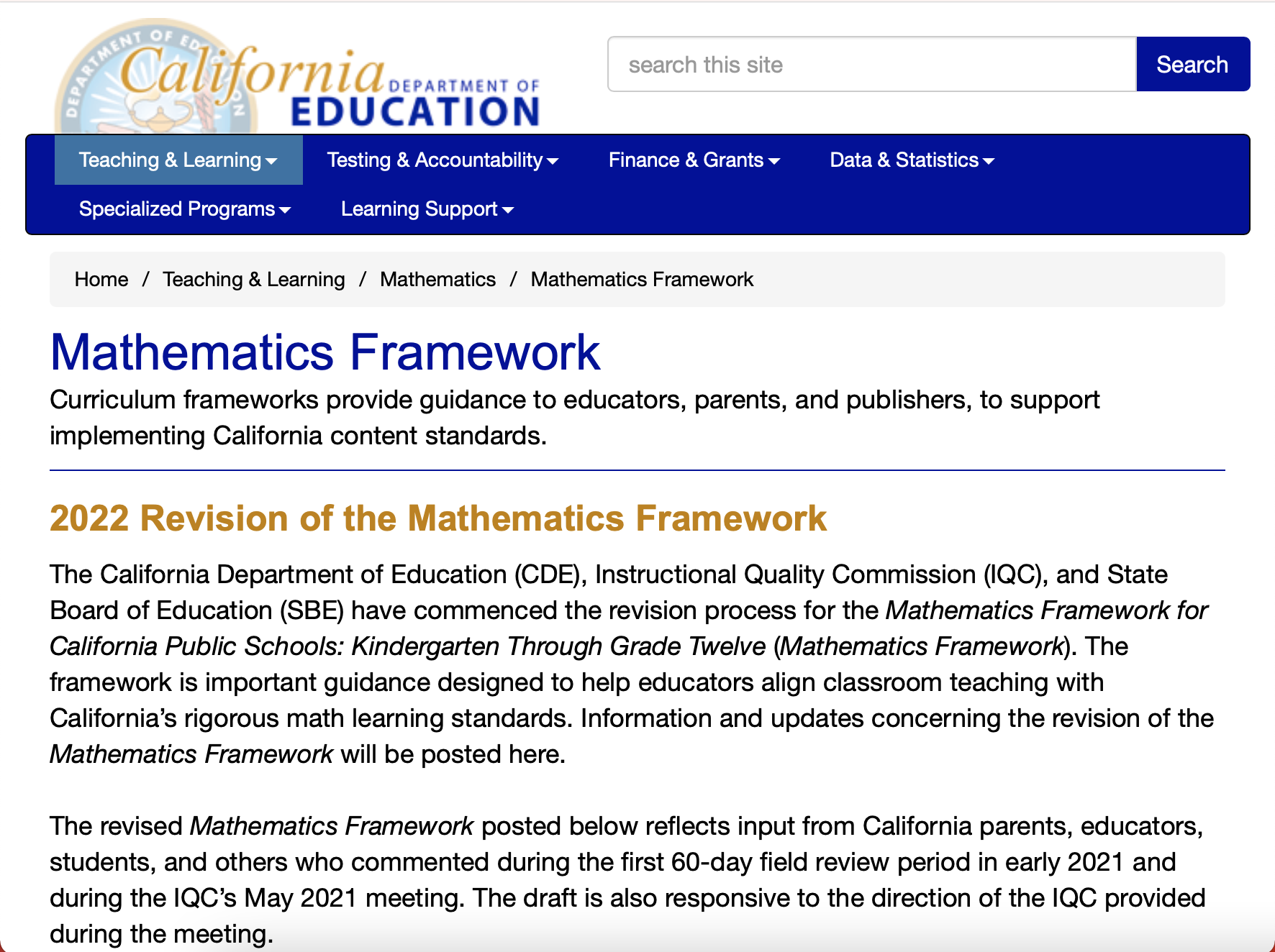 California Mathematics Framework Adopted July 12 2026 Official