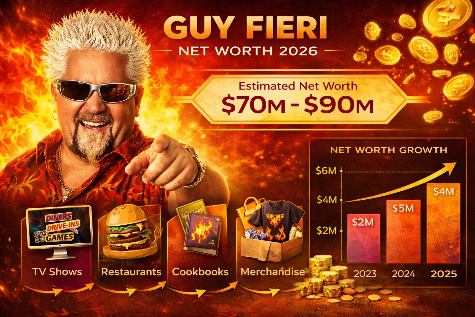 Guy Fieri Net Worth 2026: $70M–$100M from Food Network and 90 Restaurants