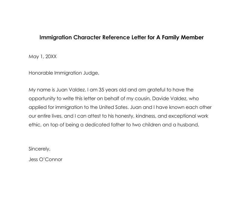 Immigration Reference Letter for a Family Member