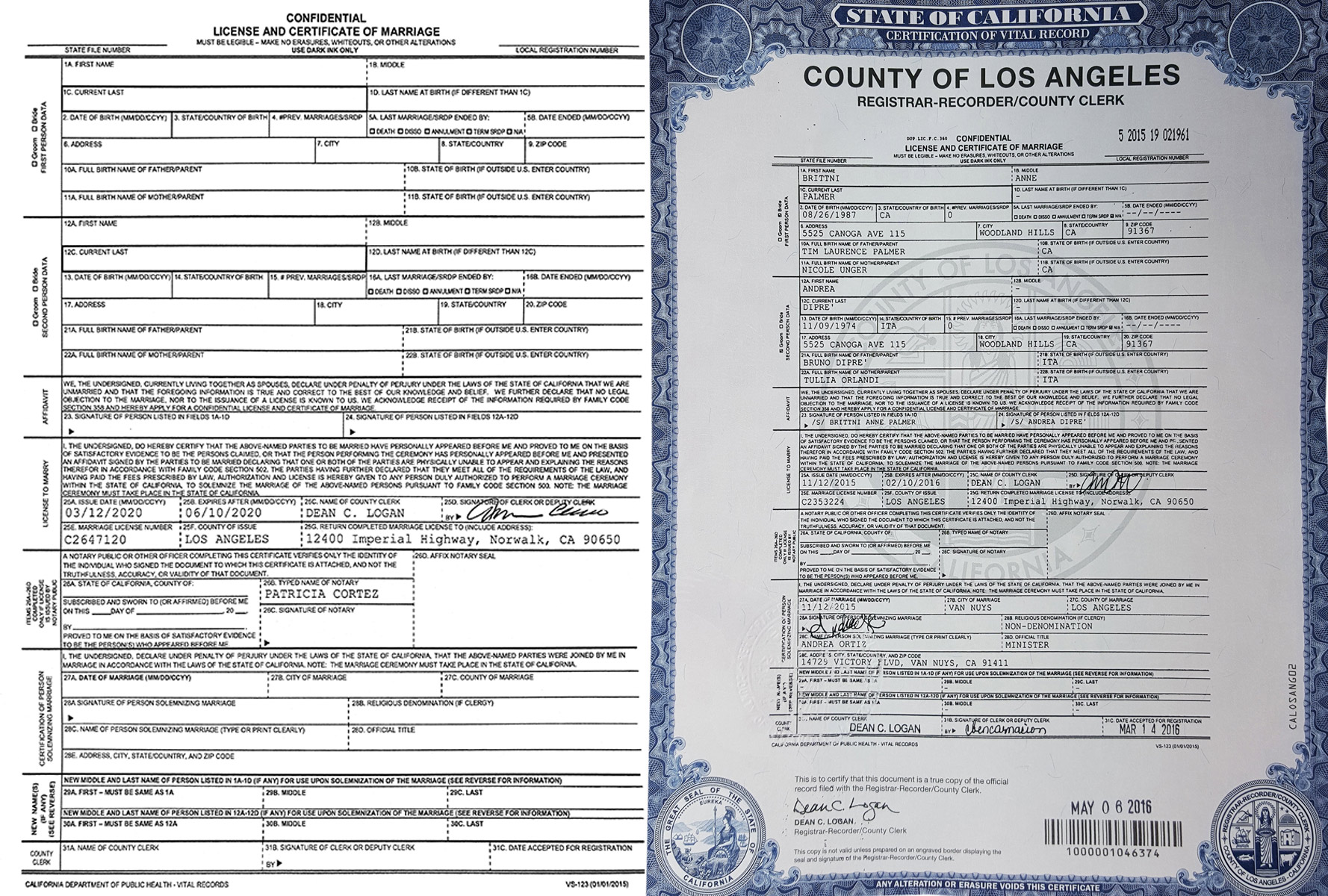 Copy of Marriage Certificate Los Angeles