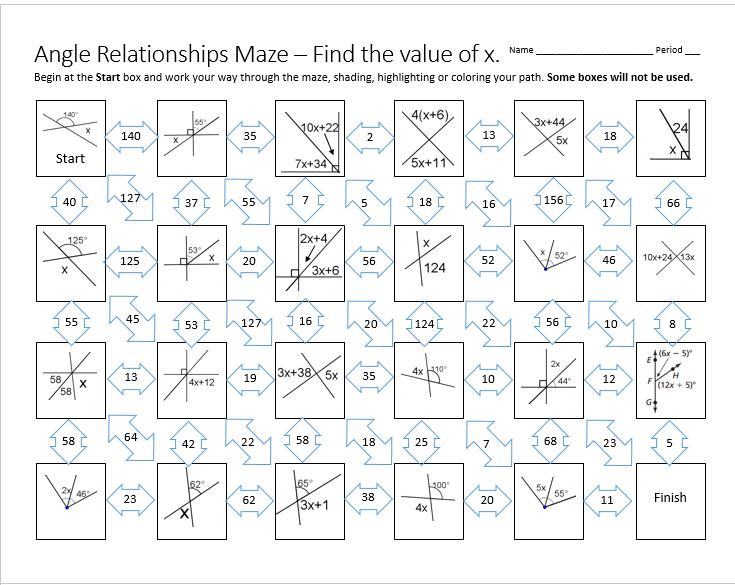 Angle Relationships Maze Finding Angle Measures Answer Key