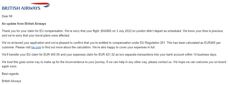 British Airways Compensation for Cancelled Flights