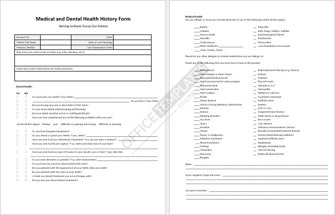 Medical History Update Form for Dental Office