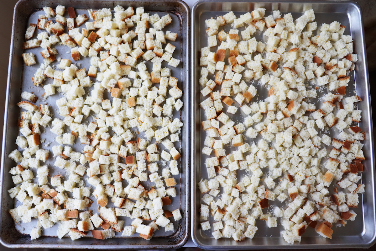 Drying Bread Cubes for Stuffing