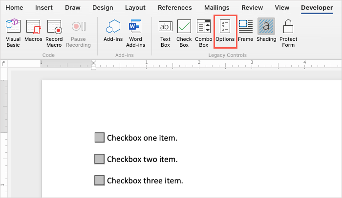 Add Checkboxes in Word