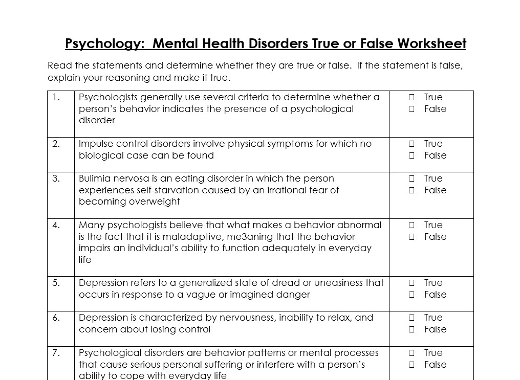 True or False Questions About Mental Health