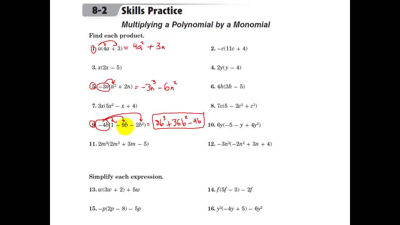 Multiplying a Polynomial by a Monomial Worksheet