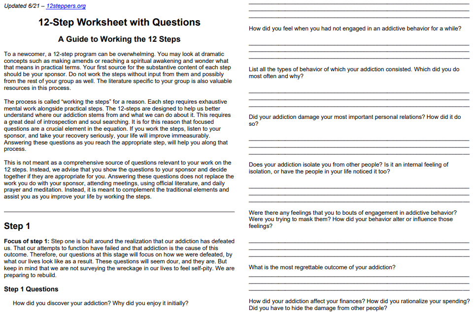 12 Step Worksheets for Narcotics Anonymous