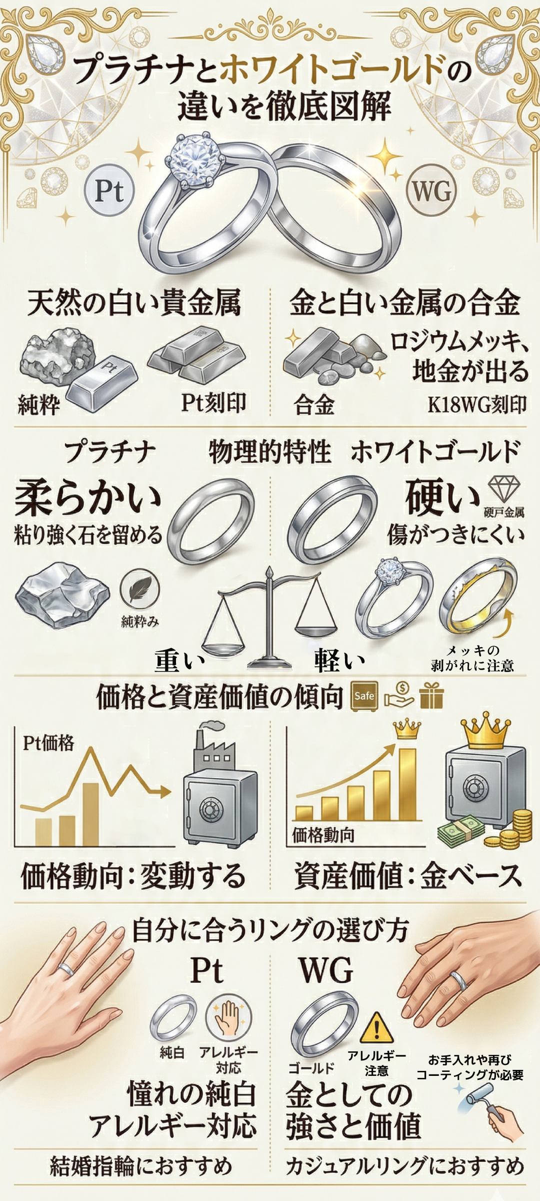 プラチナとホワイトゴールドの違いは？結婚指輪で後悔しない選び方