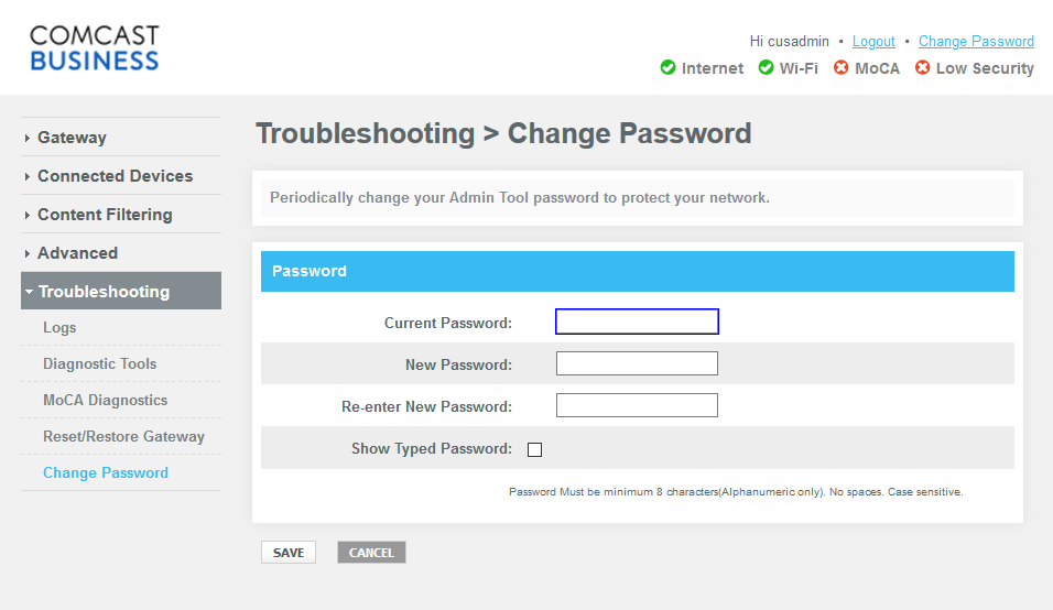 Default Password for Comcast Business Router