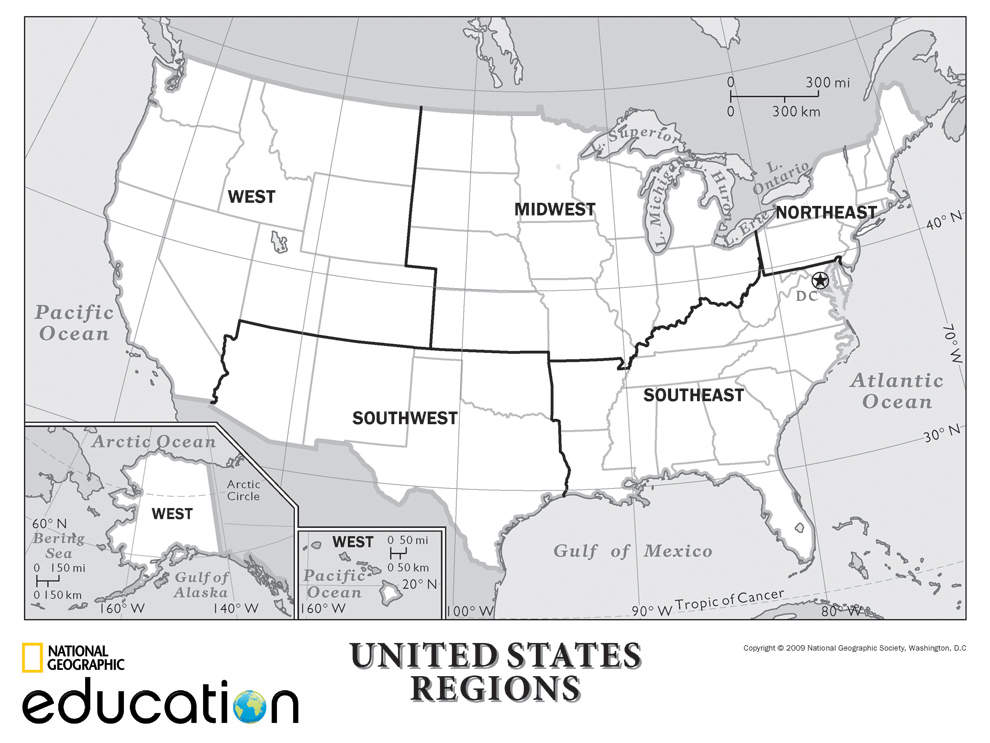 5 Regions of the United States Printable Map